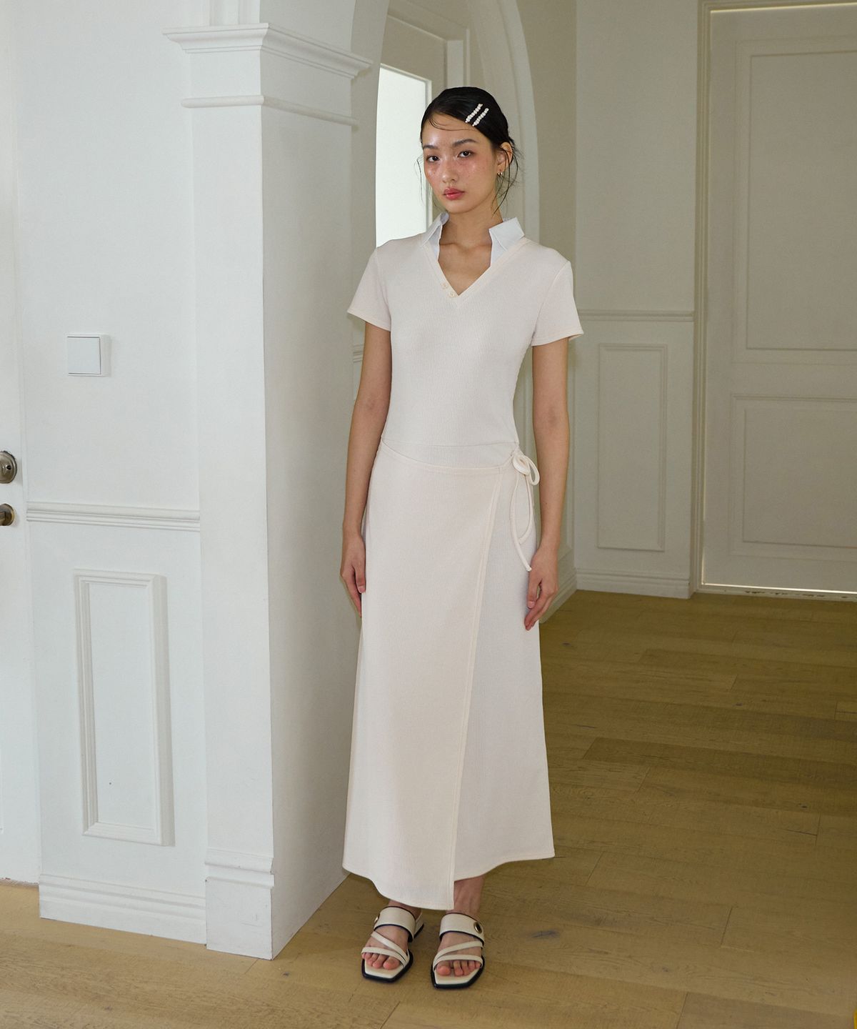 살롱 드 욘(SALON DE YOHN) Shirt Detail Long Wrap Dress_ Ivory