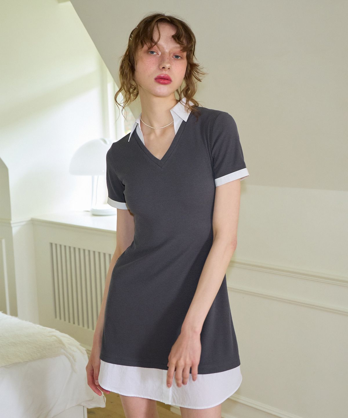 살롱 드 욘(SALON DE YOHN) Shirt Detail Mini Dress_ Gray