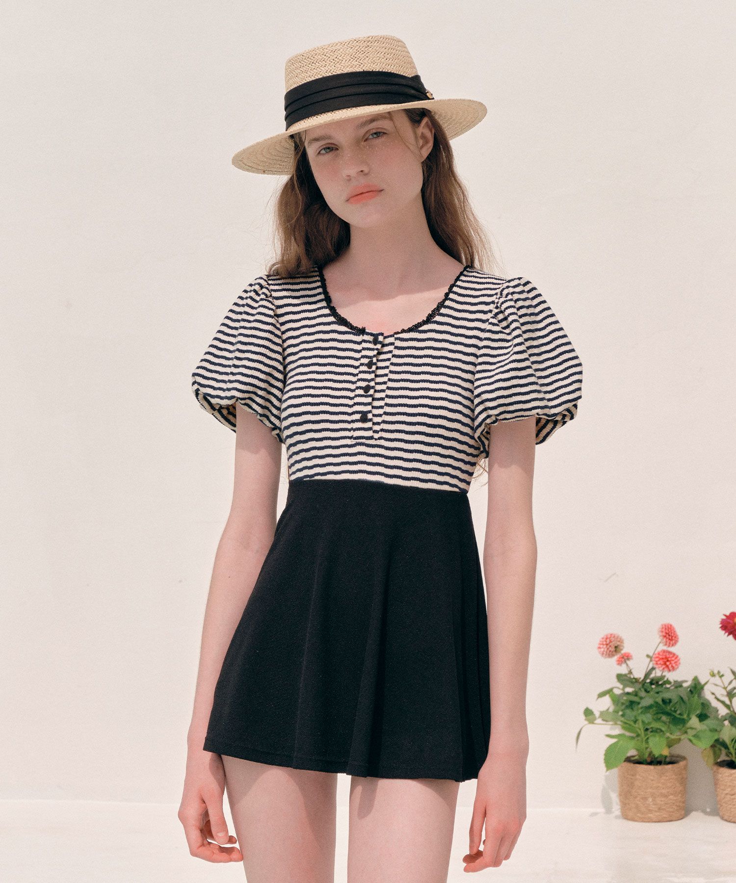 ★rolarola★ OP20111 CHECK PUFFSLEEVE ONEPIECE BLUE POP Surf - Long Sleeve UPF 50 One-Piece Swimsuit for Women