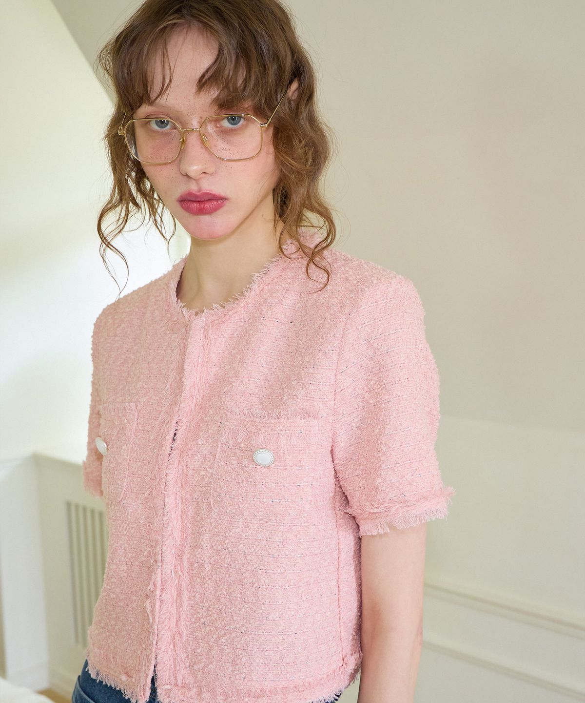 살롱 드 욘(SALON DE YOHN) Tassel Tweed Short Sleeve Jacket_ Pink