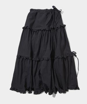 캉캉 프릴 플레어 리본 셔링 롱 코튼 스커트 [블랙]