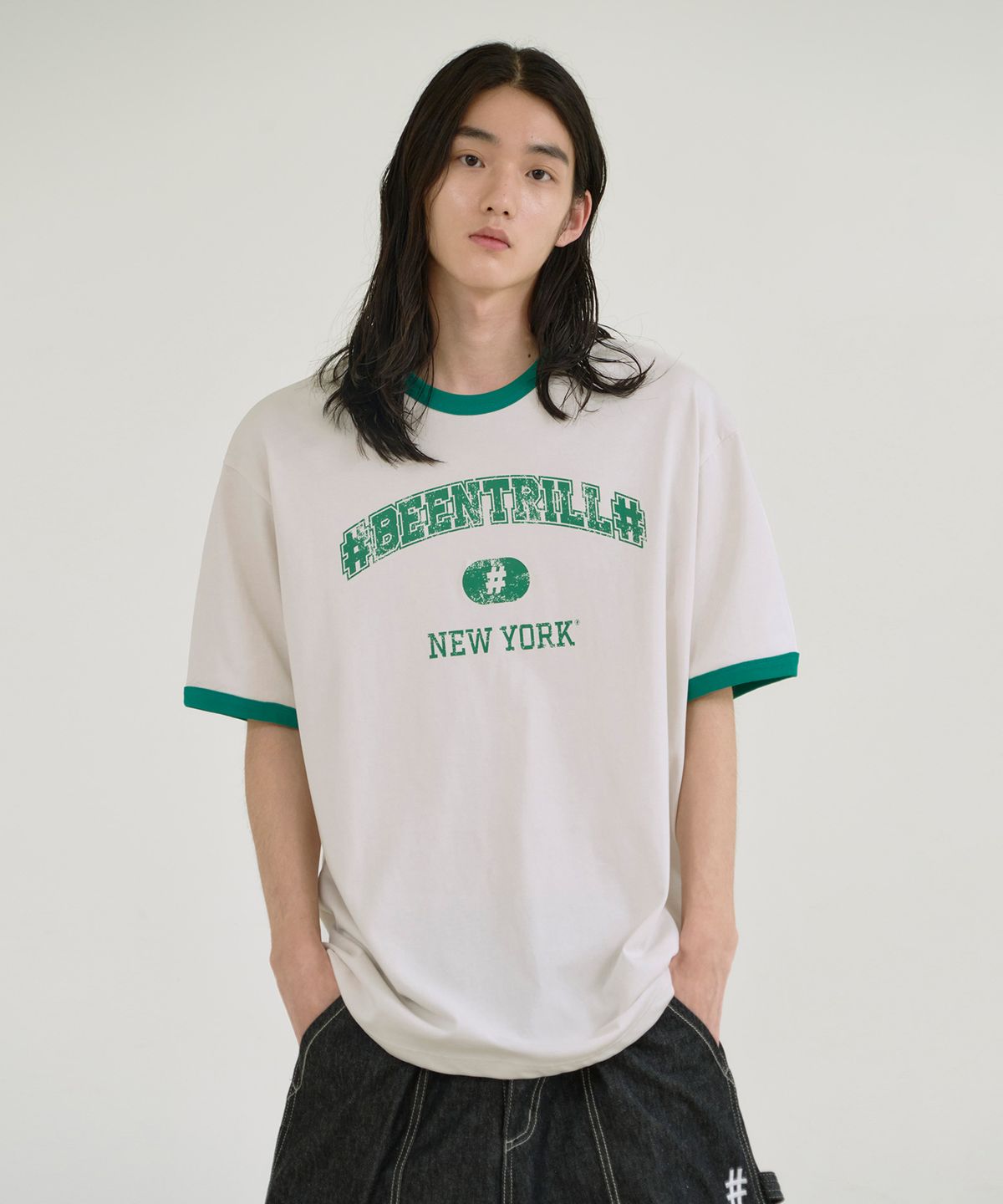 빈트릴(BEENTRILL) 콜리지 링거 오버핏 반팔 티셔츠(아이보리)