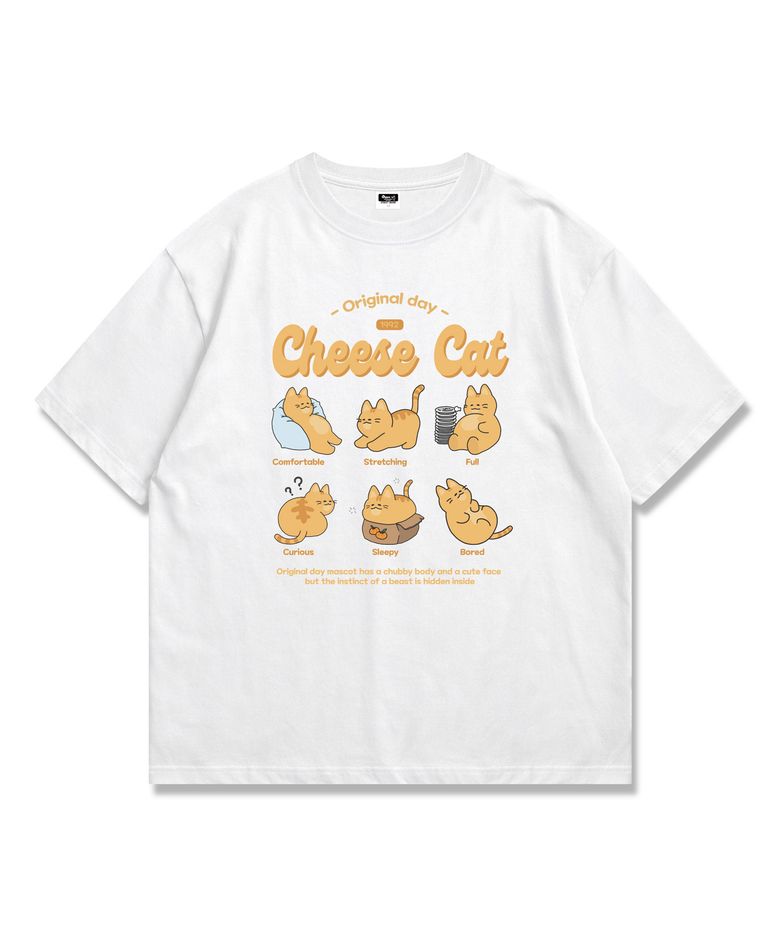 치즈캣 프린팅 반팔 티셔츠 오버핏 남녀공용 White