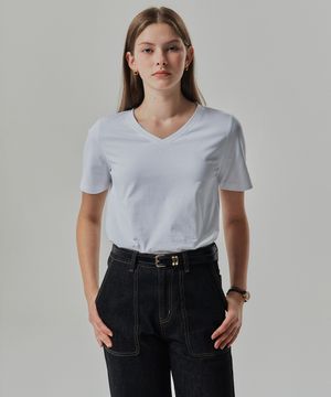 우먼 브이넥 스판 슬림핏 반팔티셔츠 화이트 LATS0204