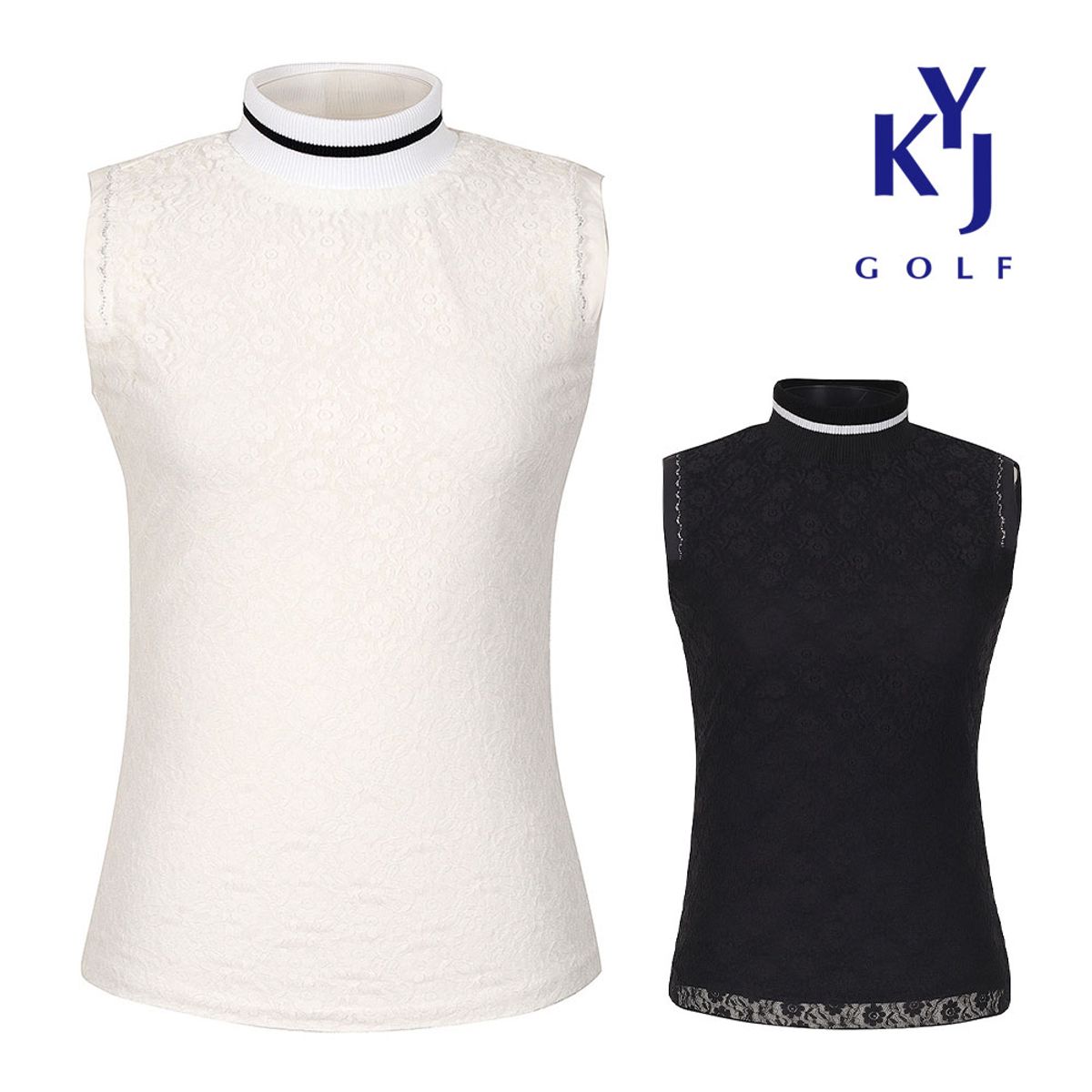 김영주 골프(KIM YOUNG JOO GOLF) 여름 망사플라워 이중 나시 폴라넥 여성 골프 티셔츠 DOMLTS40