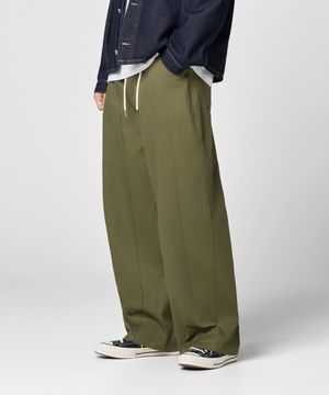 밴딩 스트링 와이드 절개 코튼 팬츠 [카키]