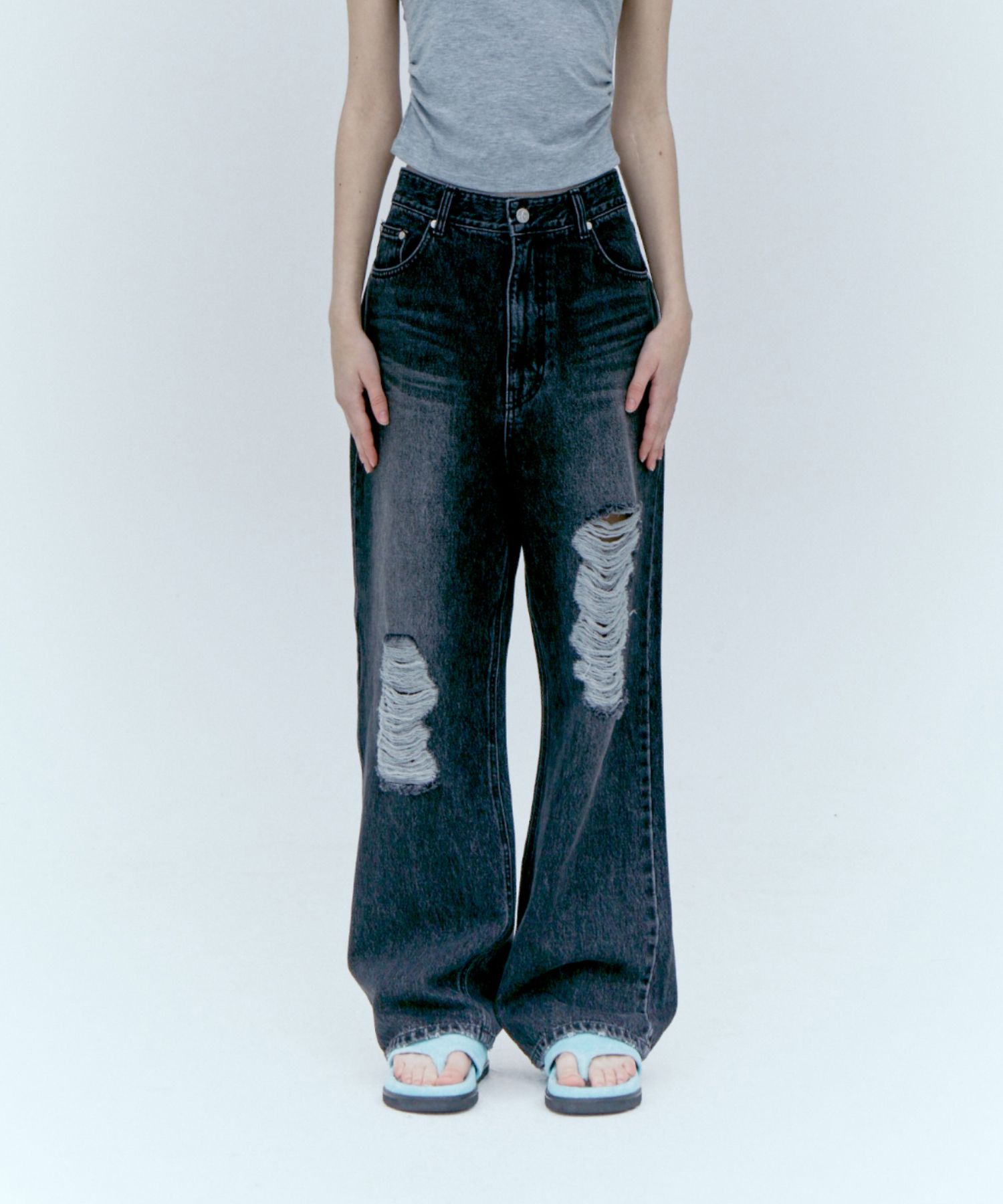 MUSINSA | REST&RECREATION DESTROYED DENIM PANTS_BLACK