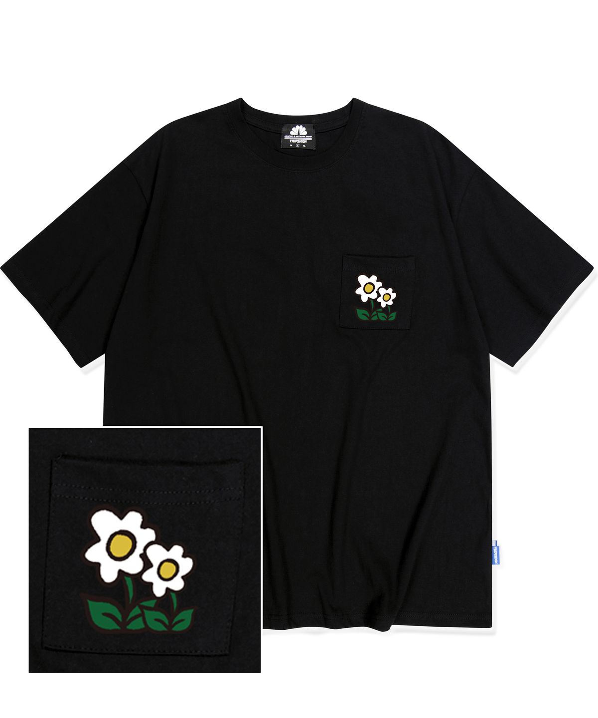 트립션(TRIPSHION) Double flower logo 포켓티셔츠 - 블랙