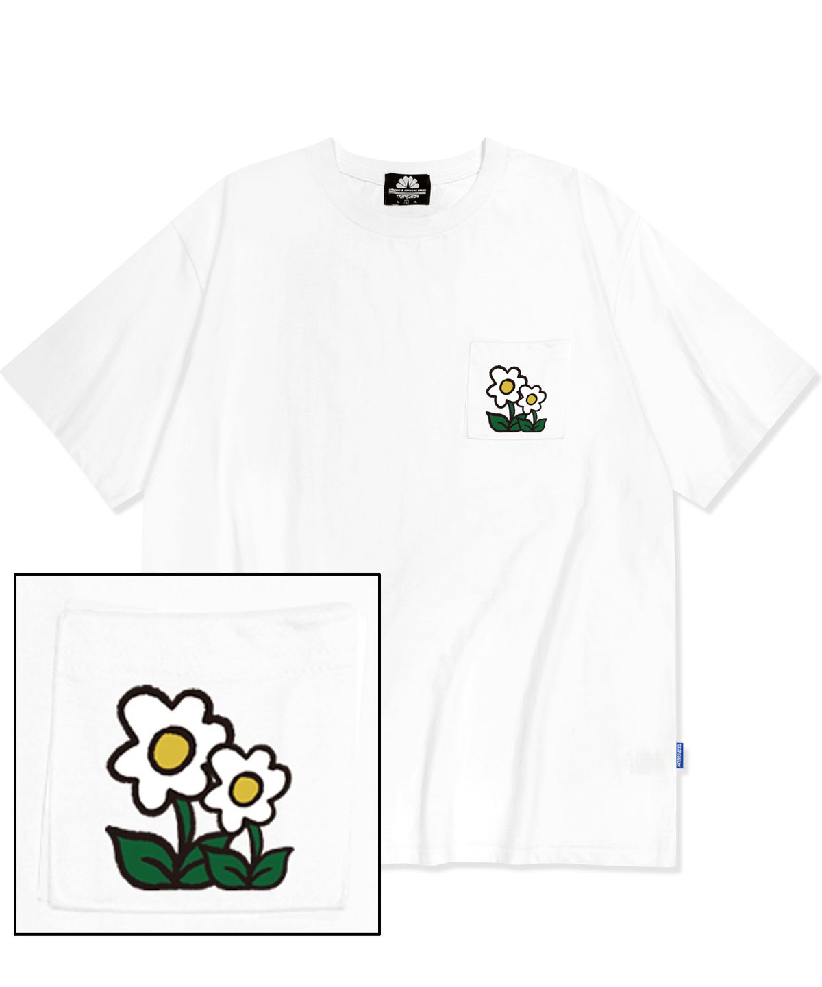 트립션(TRIPSHION) Double flower logo 포켓티셔츠 - 화이트