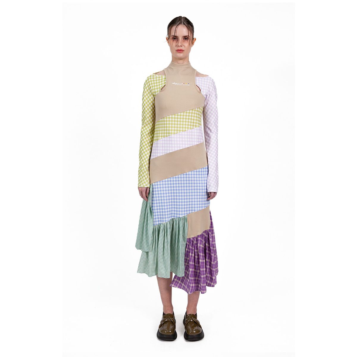 밀리우(MILIEUX) [MXM1FMDSL001MT]Patchwork Mixed Fabric Dress Long-Sleeve