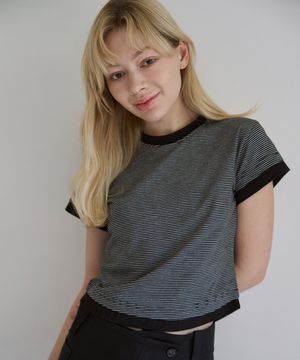 스트라이프 레이어드 반팔 티셔츠  (블랙)