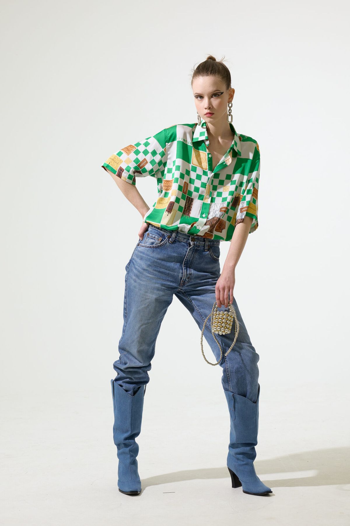 그리디어스(GREEDILOUS) Green And White Biscuit Check Pattern Buteon Down Shirt