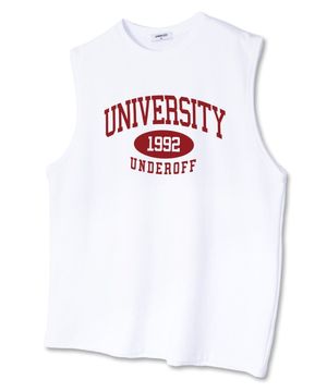 오버핏 크루넥 슬리브리스 유니버시티 민소매 티셔츠 화이트레드