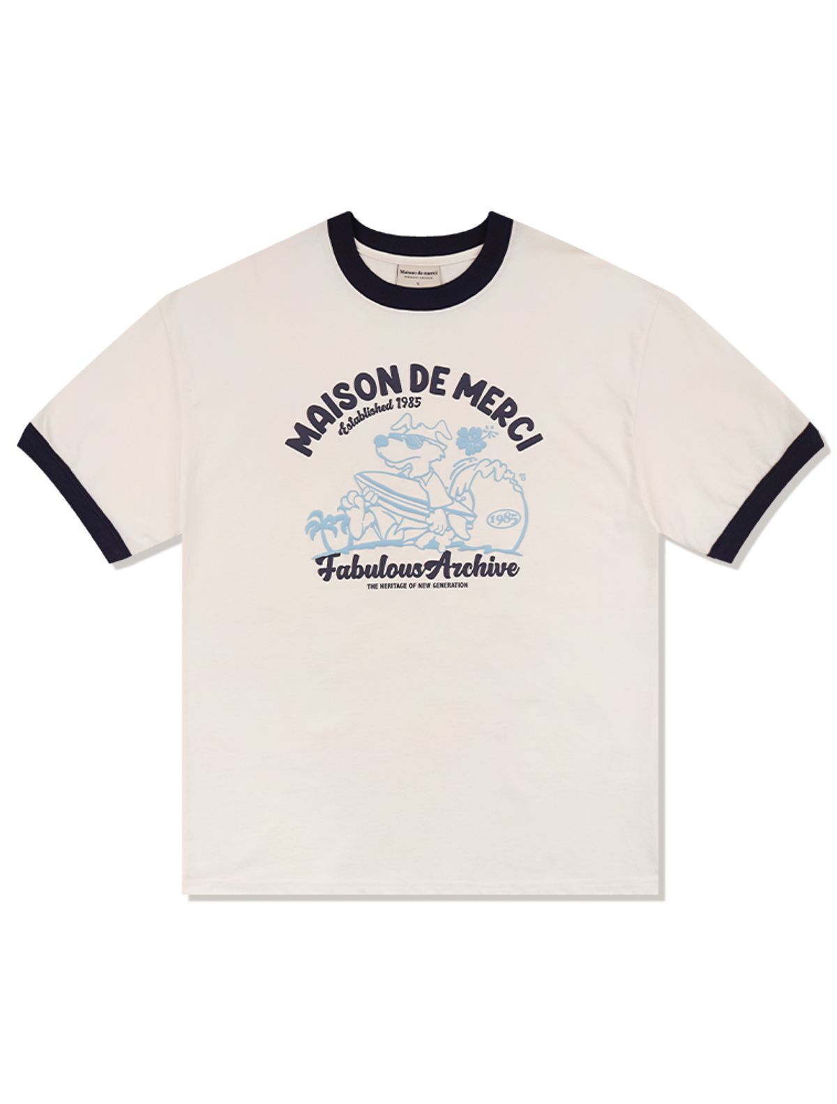 라 메종 스튜디오(LA MAISON STUDIO) UNISEX 오버핏 퍼피서핑 링거 반소매 티셔츠 크림네이비(FCE2TS401M)