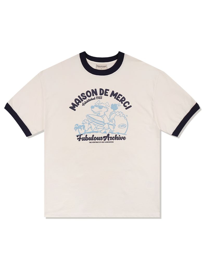 UNISEX 오버핏 퍼피서핑 링거 반소매 티셔츠 크림네이비(FCE2TS401M)