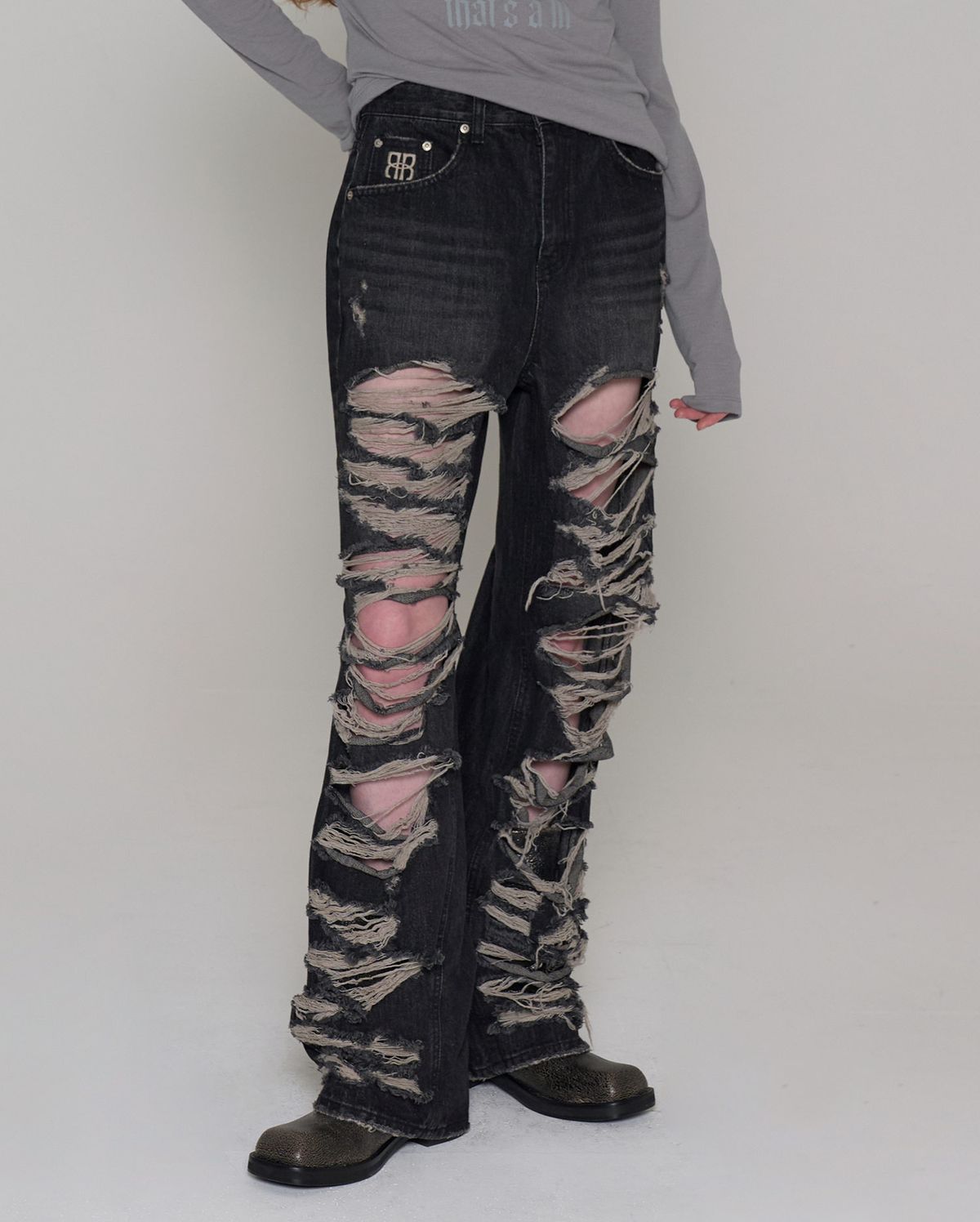 락케이크(ROCKCAKE) Pia Damage Wide Jeans - Beige Black