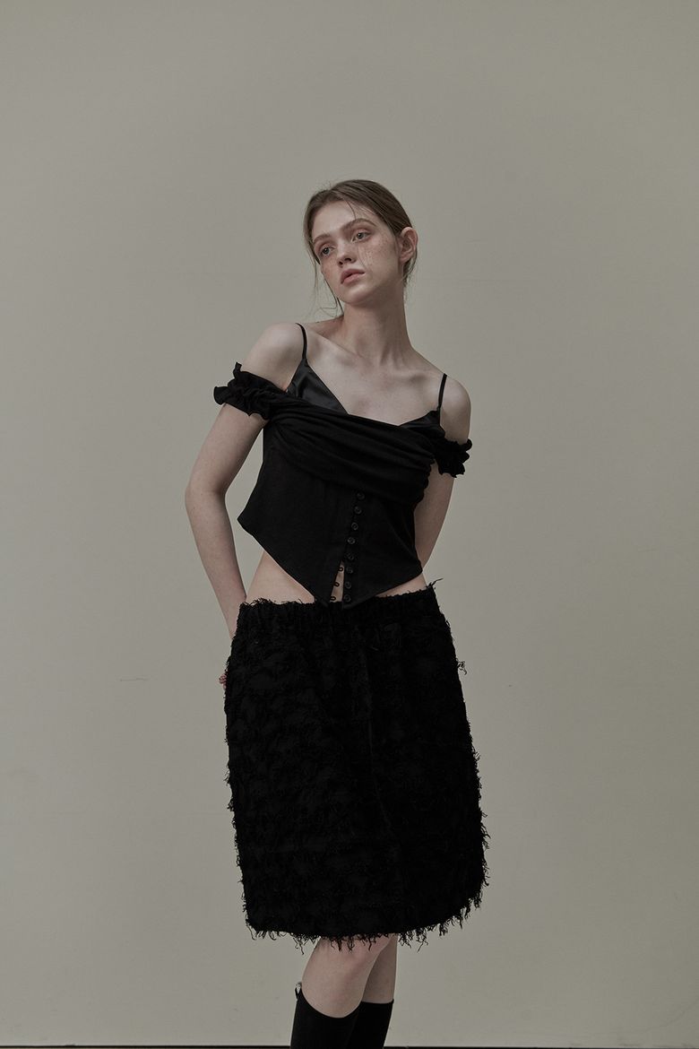 Ivy Layered Off Shoulder Button T-Shirt - Black