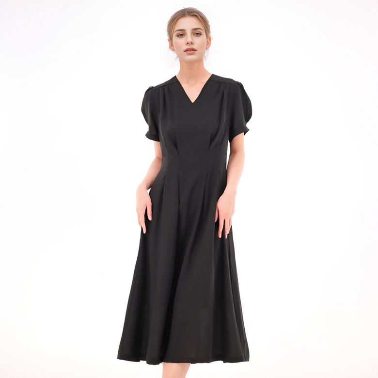V neck Linen Dress _Black