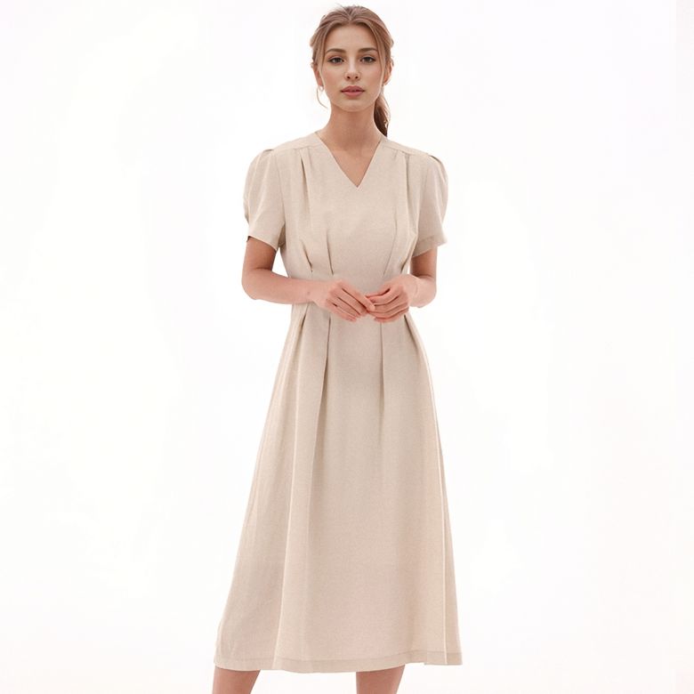 V neck Linen Dress _Beige