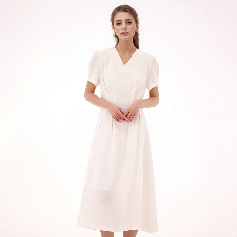 V neck Linen Dress _White