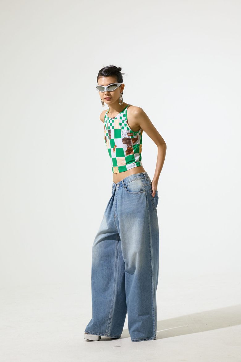 Green Biscuit Check Pattern Tank Top