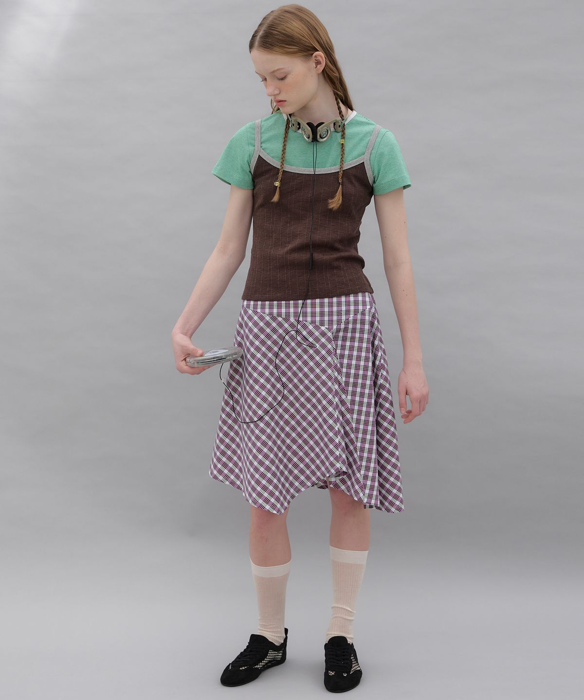 포에브(POEV) Checked Asymmetric Skirt - Pink