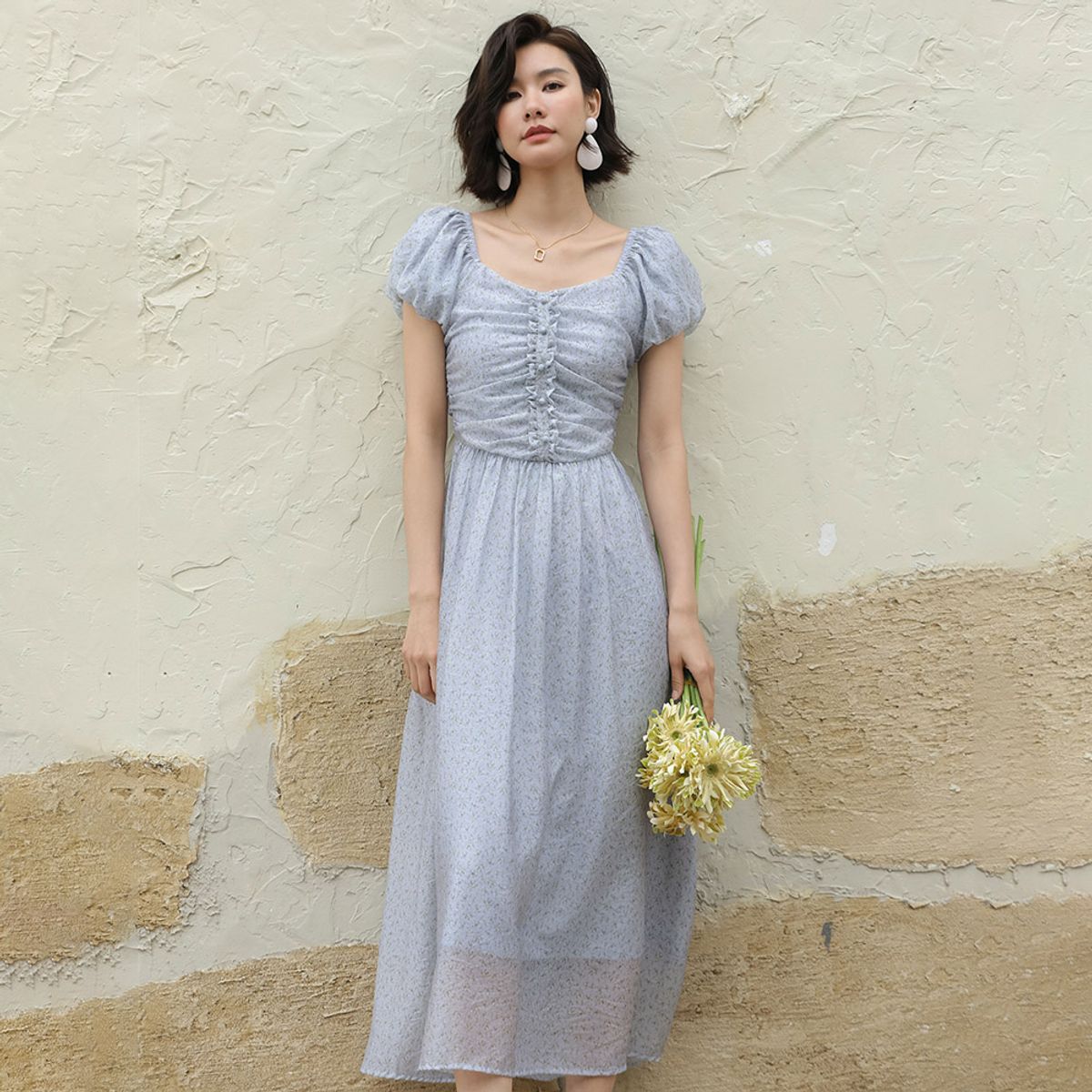 랭썬(LANGSON) LS_Puff Sleeve high waist dress