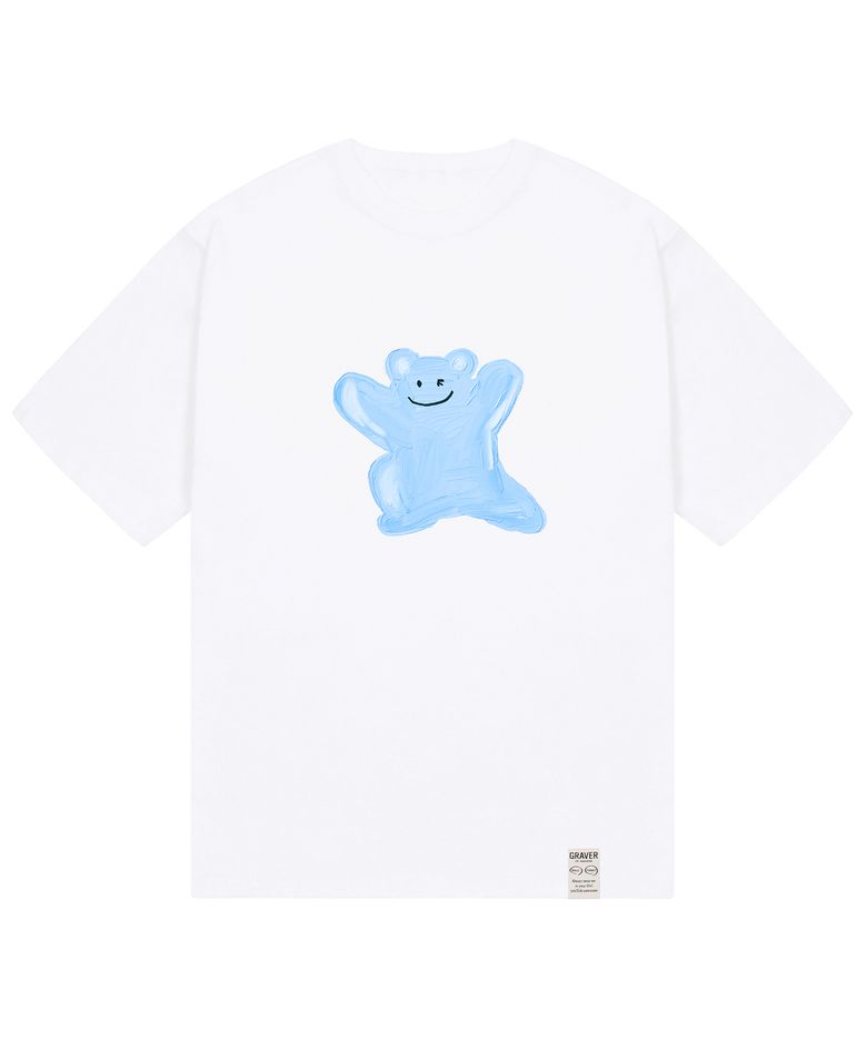 [UNISEX]블루 페인팅 빅 베어스마일 반팔티_화이트