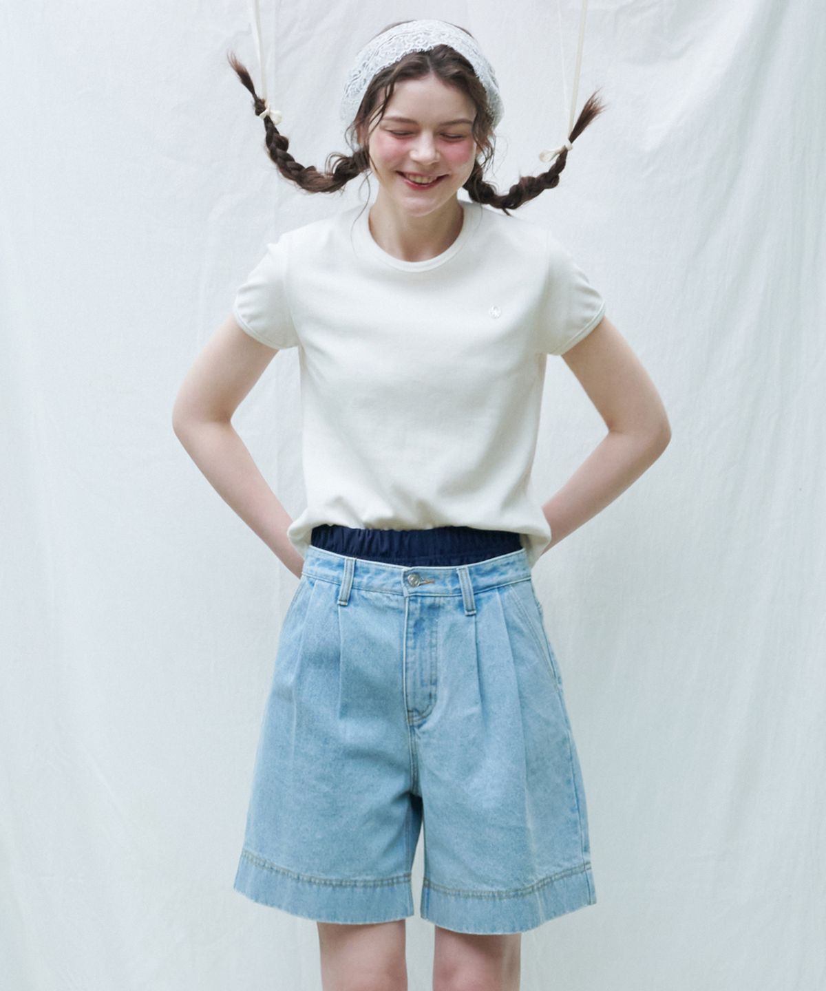로시로우(LOSSYROW) Two-tuck wide denim shorts Light Blue
