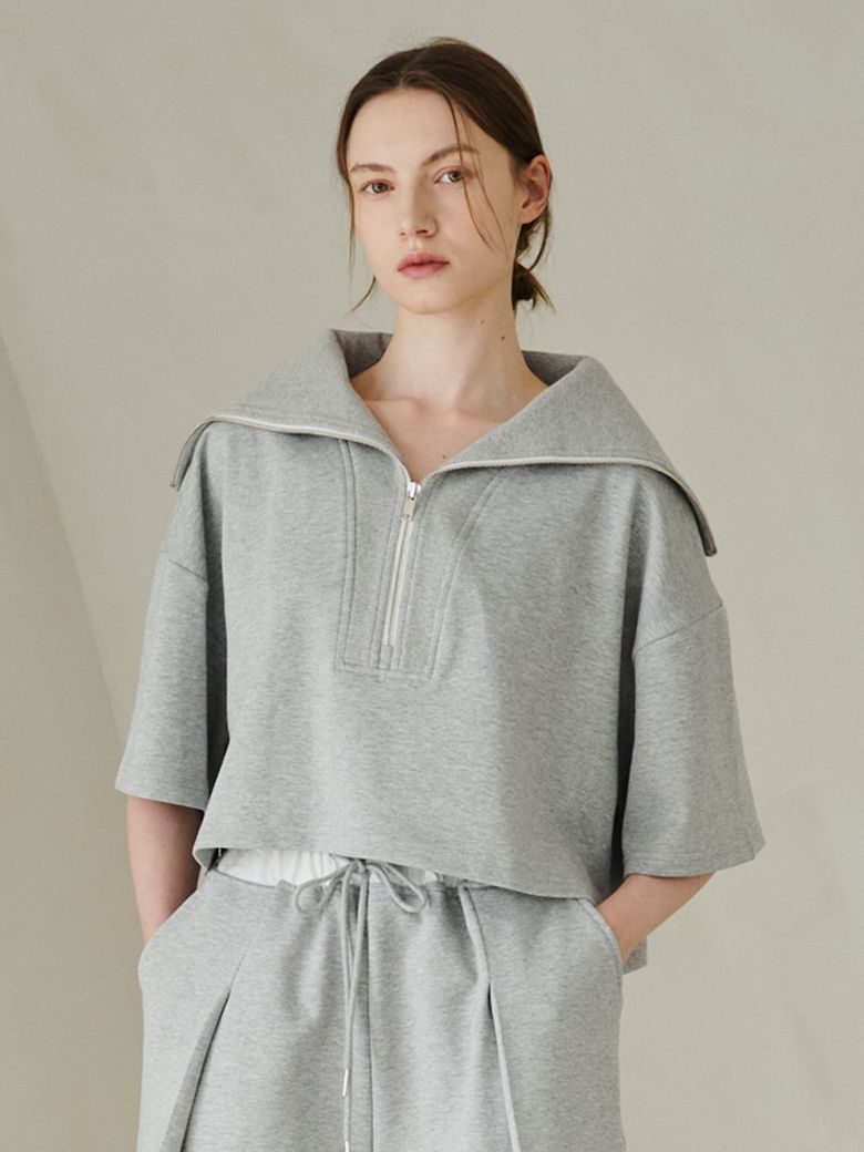 Wide Collar Half Sleeve T-Shirts - M.Gray