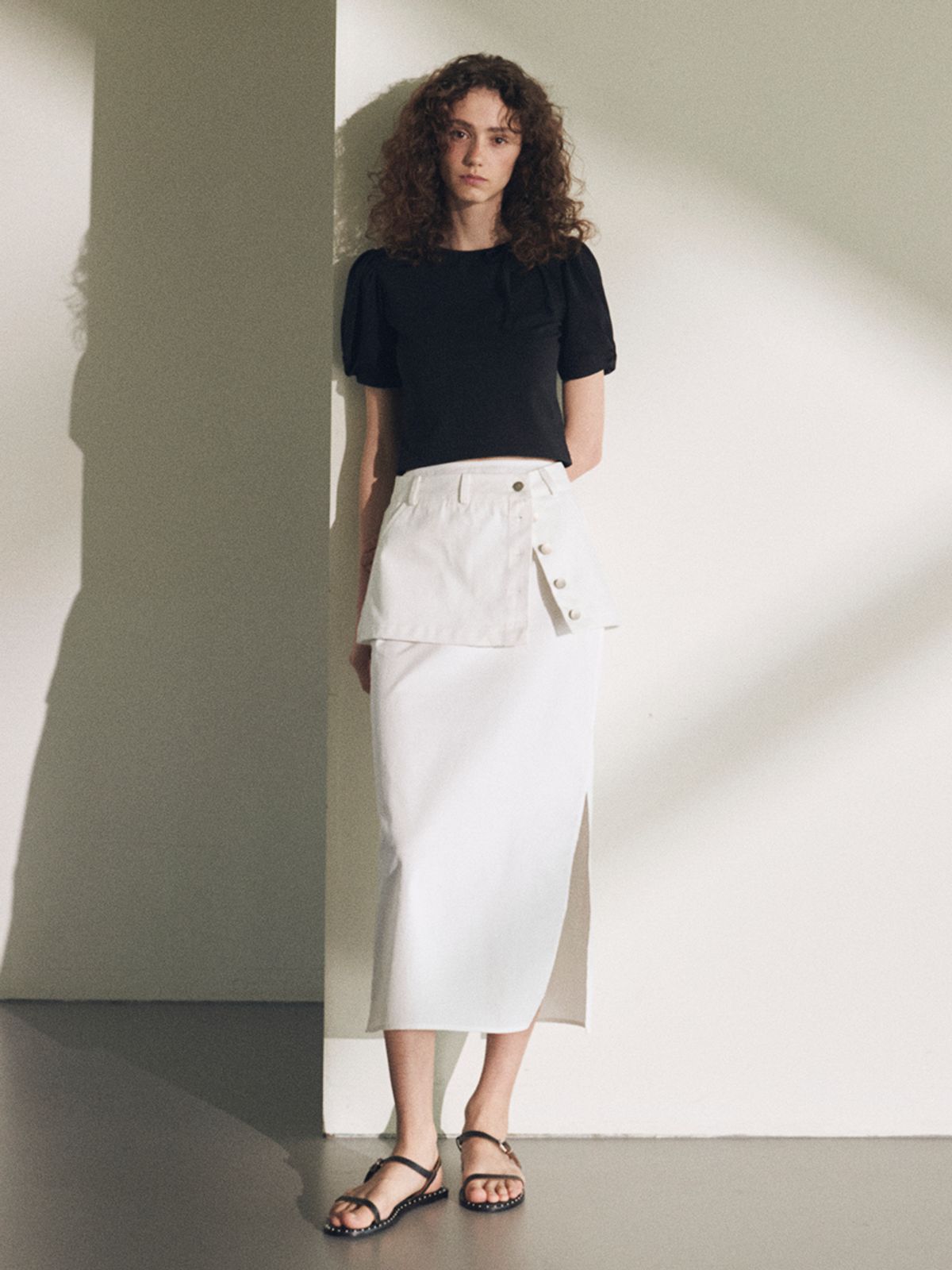 오앨(OUEL) MINI DENIM & LONG COTTON SKIRT SET_WHITE