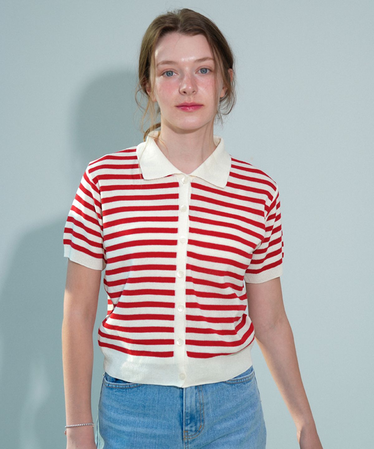블레티(VLETI) V-neck Stripe Collar Half Knit Cardigan (Red)