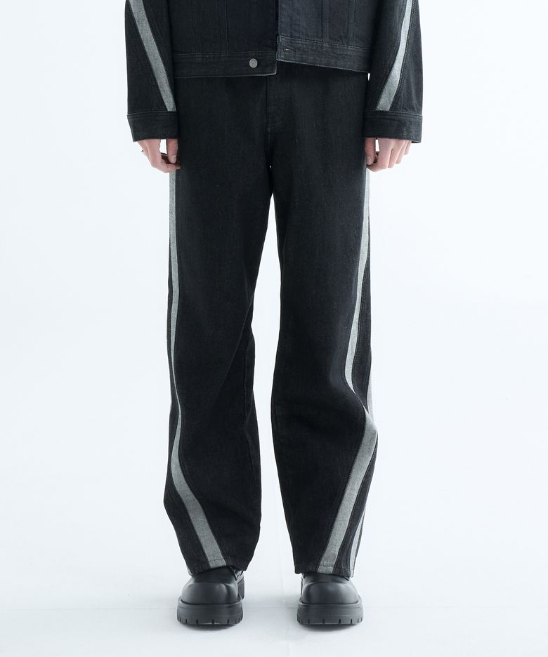 커브 라인 배색 와이드 데님 팬츠 (BLACK)