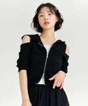 오프숄더 후드집업 - 블랙
