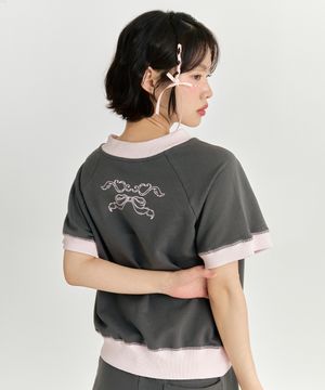 브이넥 리본 맨투맨 - 차콜