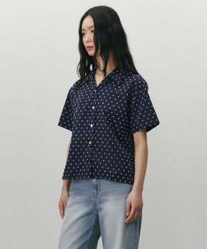 도트 오픈카라 셔츠 네이비