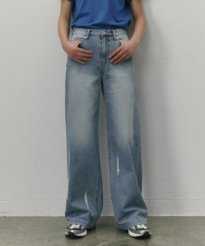 데미지 와이드레그 진 미드블루