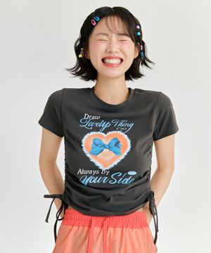 스트링 블루 레터링 티셔츠 - 차콜