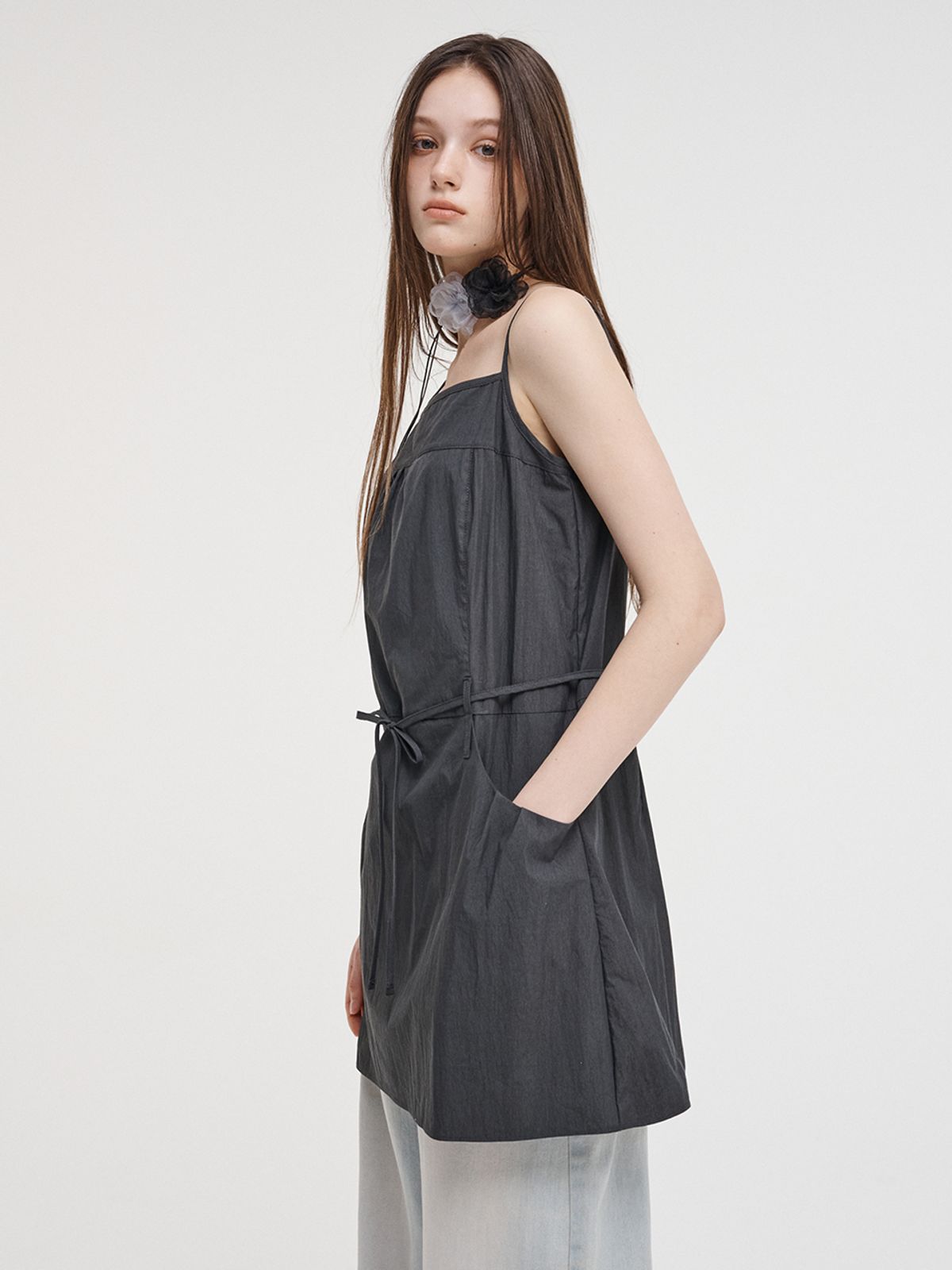 에트몽(ETMON) Slip Pintuck Mini Dress Charcoal
