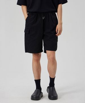 6 POCKETS SEMI WIDE CARGO HALF PANTS_BLACK