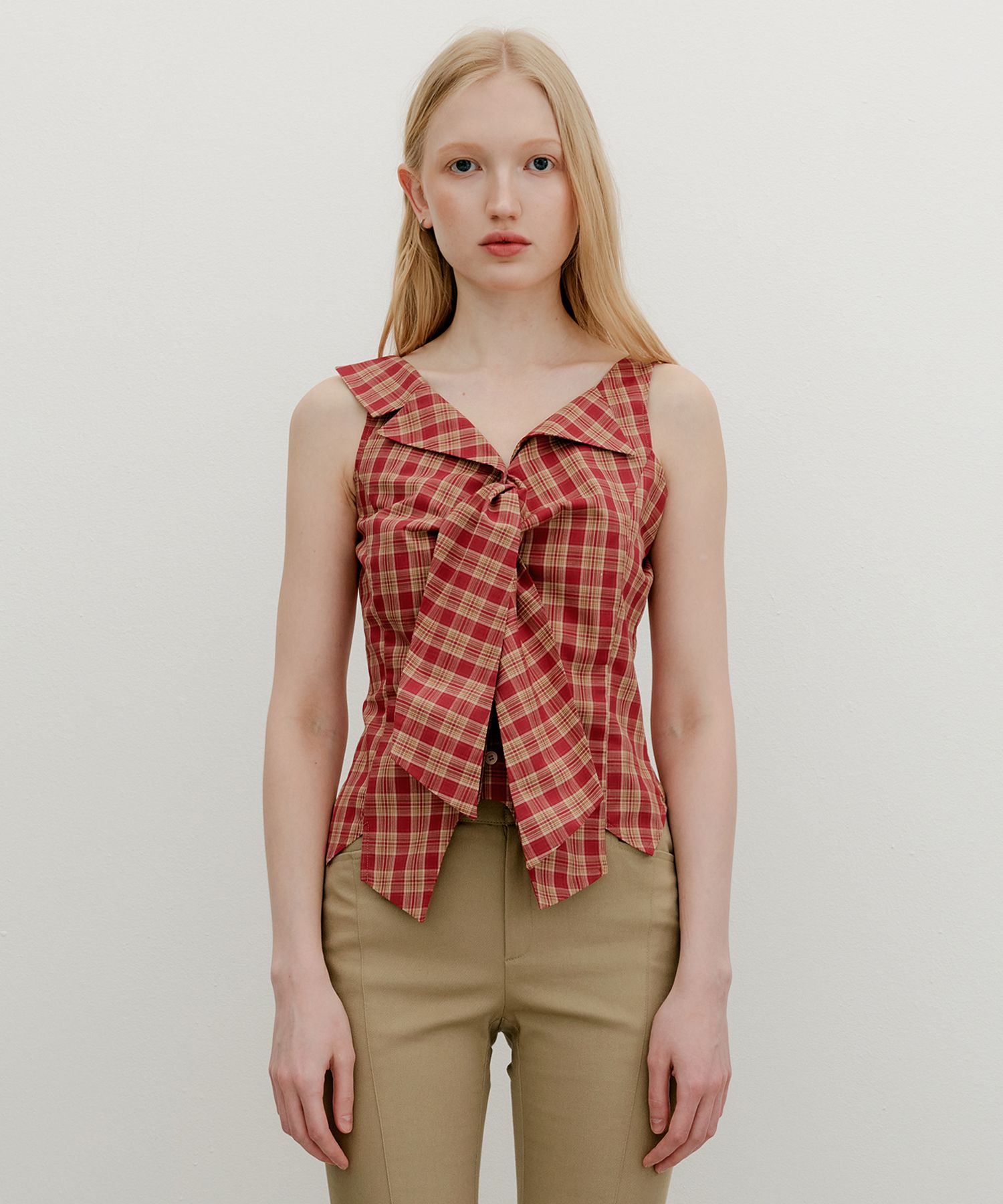 MUSINSA公式 | YUSE CHECK RIBBON SLEEVELESS TOP - YELLOW/PINK