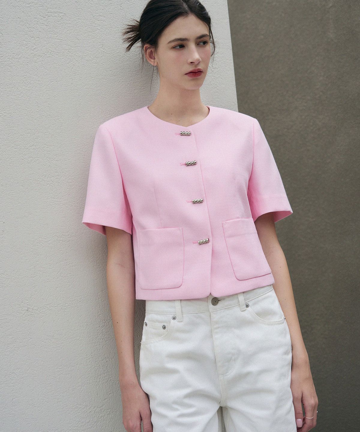 드로우핏 우먼(DRAWFIT WOMEN) 시니 트위드 반팔 자켓 [LIGHT PINK]