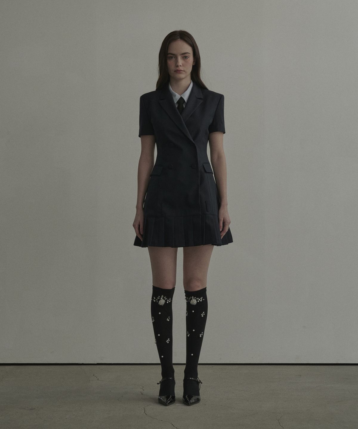 마우솔레움(MAU SOLEUM) Jenn Pleated Half-Sleeve Suit Jacket Dress - Navy