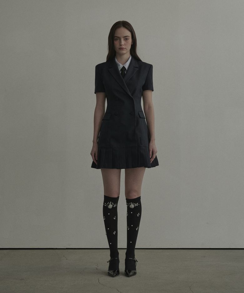 Jenn Pleated Half-Sleeve Suit Jacket Dress - Navy