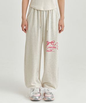 핑크 리본 조거팬츠 - 멜란지 베이지