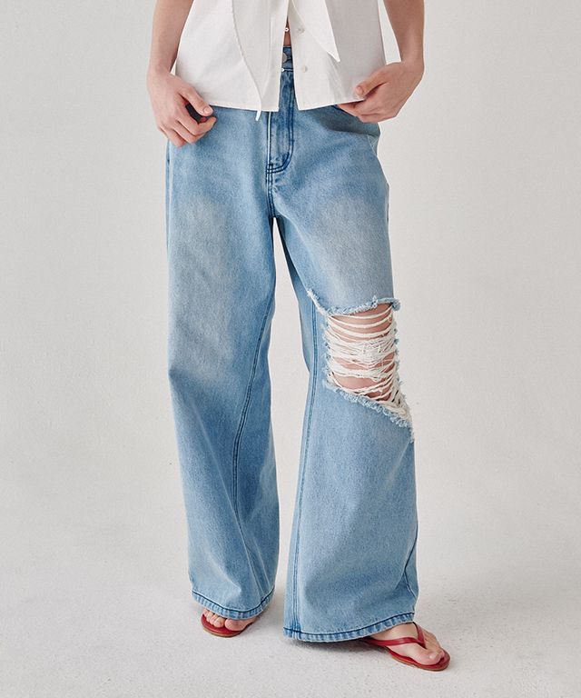 デニム・ジーパン RONRON DAMAGE WIDE DENIM PANTS 4BXK469 MUSINSA | RONRON DAMAGE WIDE DENIM PANTS LIGHT BLUE