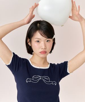 리본 큐빅 티셔츠 - 네이비