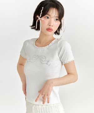 리본 큐빅 티셔츠 - 화이트