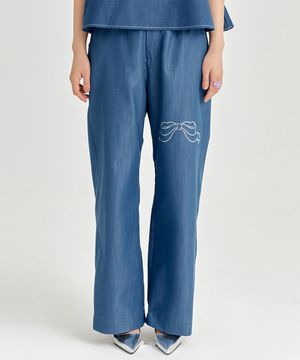 리본 큐빅 데님 팬츠 - 중청