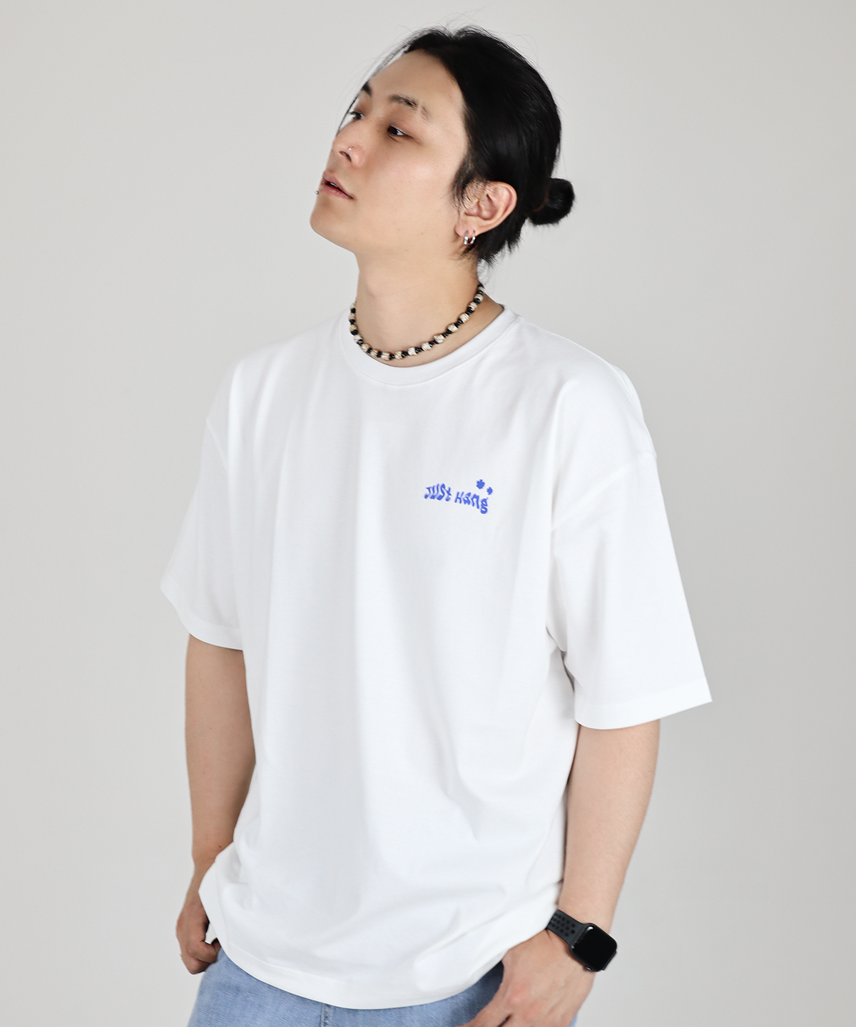 저스트행(JUSTHANG) 젤리 블루 로고 화이트 오버핏 반팔티